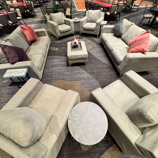 various sizes and styles of lounge furniture available to rent for an event